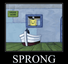 a picture of spongebob looking out of a window with a sign that says " order here "