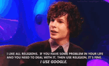 a man with curly hair is talking about religion and google