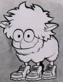 a black and white drawing of a cartoon sheep wearing sneakers .