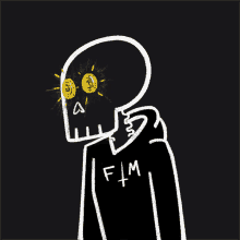 a drawing of a skull wearing a hoodie that says fm