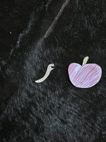 a drawing of an apple and a worm on a black furry surface