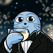 a cartoon cat in a tuxedo is holding a glass of wine