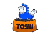 a blue cat is sticking its head out of a bowl that says " toshi "