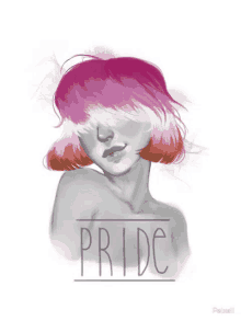 a drawing of a girl with pink hair and the word pride