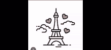 the eiffel tower is surrounded by hearts and clouds in this line drawing .