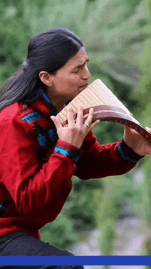 a man in a red sweater is playing a pan flute