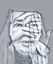 a drawing of a person covering their face with their hands and a photo lab logo