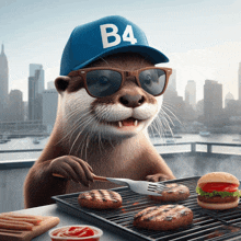 an otter wearing a b4 hat and sunglasses is eating burgers