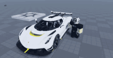 a person standing next to a white sports car with a wing on top