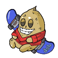 a cartoon drawing of a potato wearing a red shirt and holding a blue skateboard that says dab