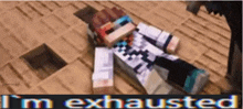 a minecraft character is laying on the ground with the words " i 'm exhausted " behind him