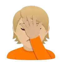 a person covering their face with their hand and wearing an orange shirt