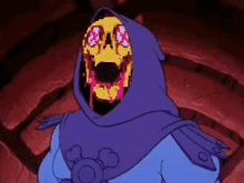 a cartoon character with a skull on his face and a purple hood .