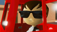 a cartoon character wearing sunglasses looks out of a red car window