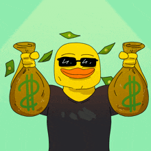 a yellow duck wearing sunglasses is holding a bag of money