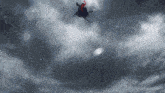 a person is flying through a cloudy sky with a sword