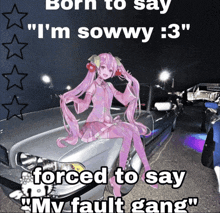 a picture of a girl sitting on a car with the caption " born to say "