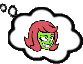 a cartoon of a woman with green hair and a thought bubble with a zombie head inside of it .