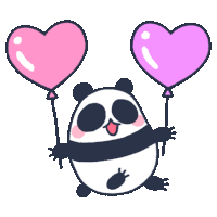 a panda bear is holding two pink balloons in the shape of hearts