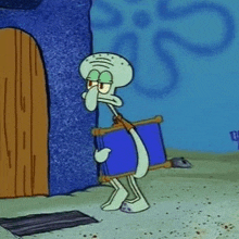 squidward from spongebob squarepants is carrying a blue chair in front of a building .