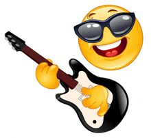 a smiley face with sunglasses is playing a guitar