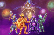 a group of video game characters standing next to each other in front of a purple background .