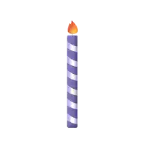 a purple and silver striped birthday candle with a lit flame on top