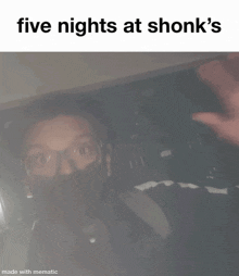 a man wearing a mask and glasses is standing in a dark room with the words five nights at shonk