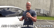 a man standing in front of a white car with the words " and i don 't want that to happen "