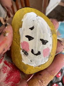 a person is holding a rock with a face painted on it