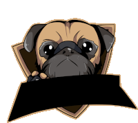 a pug dog holding a black ribbon in front of its face