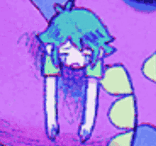 a drawing of a girl with blue hair laying on a purple background .