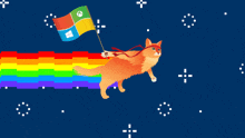 a cat flying through the air holding a flag with a windows logo on it