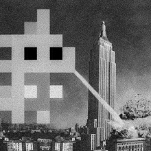 a black and white photo of a city with a building in the foreground and a pixelated figure in the background .