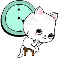 a cartoon cat sits on a stool with a clock behind it