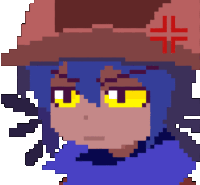 a pixel art of a person with blue hair and a red cross on their hat