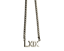 a gold chain necklace with a pendant that says lxix