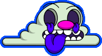 a cartoon character with a purple tongue sticking out of its mouth