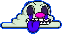 a cartoon character with a purple tongue sticking out of its mouth