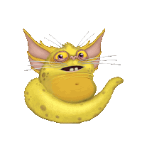 a cartoon drawing of a yellow cat with glasses and a big belly