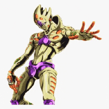 a cartoon character from jojo 's bizarre adventure is standing in front of a white background with his hands outstretched .