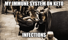 a black and white photo of a group of people with a caption that says `` my immune system on keto infections ''