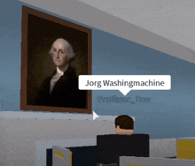 a painting of george washington hangs on a wall next to a man sitting at a desk