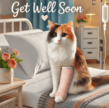 a cat with a cast on its leg sits in a hospital bed with the words get well soon above it