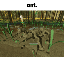 a computer generated image of an ant in a forest with the word ant above it