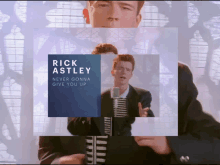 a poster for rick astley 's never gonna give you up shows a man singing into a microphone