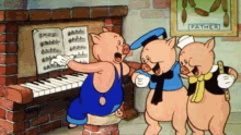 three pigs singing and playing a piano in a cartoon scene