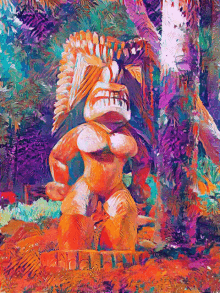 a colorful painting of a tiki statue with a feathered headdress