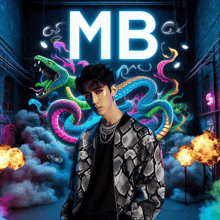 a man in a snake print jacket is standing in front of a wall that says mb on it