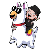 a cartoon of a man riding on the back of a llama that says geek squad on it